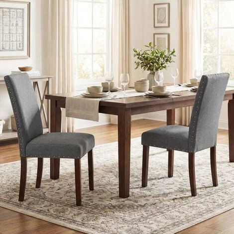 Lot de 2 chaises de salle à manger grises avec assise rembourrée, dossier ergonomique et pieds en bois pour cuisine et salon (1/5)
