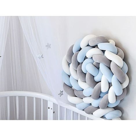 Tour de lit en polaire tissée à motif serpent - 3 mètres - Tissu tissé bleu, gris et blanc, coussin protecteur doux. (1/4)