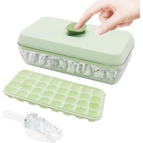 Stampo per cubetti di ghiaccio con pulsante, vaschetta da congelatore con coperchio, contenitore e paletta, ideale per cocktail, birra, caffè, succhi e bevande (1/5)