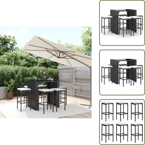 Ensemble de bar de jardin 7 pcs avec coussins noir poly rotin - Ensemble Salon De Jardin - Mobilier De Jardin - Set De Bar Extérieur - Table Et Chaises De Jardin - Résine Tressée (1/5)
