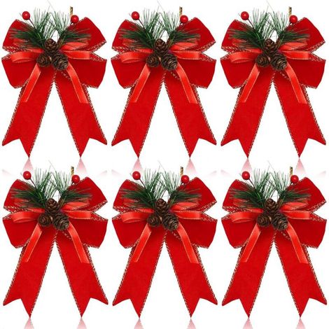 6 PCS Noeuds de Noël, Noeuds de Ruban à Carreaux avec Pommes de Pin Noeuds de Décoration d'Arbre de Noël pour Fête de Noël Arbre de Noël Artisanat d'intérieur (Rouge) (1/5)