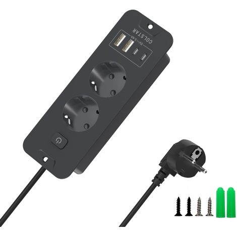 Prise encastrable invisible intégrée avec 2 compartiments, 2 ports USB-C + 2 USB-A, 16 A, câble de 2 m, interrupteur à économie d'énergie, plateau de table, multiprise escamotable, pour des lieux de (1/5)