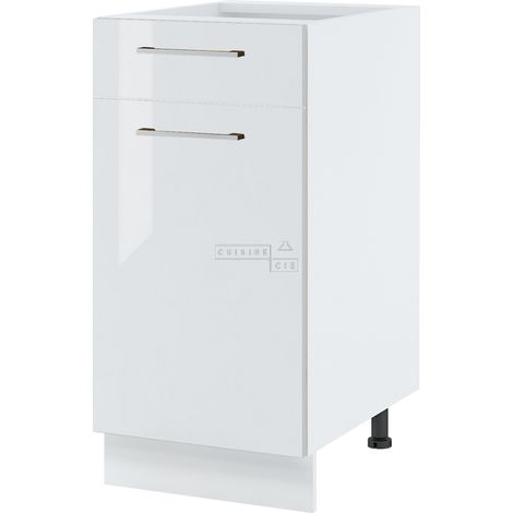 Meuble bas de cuisine Bellissi Blanc Brillant 1 porte 1 tiroir L 40 cm - Porte avec poignée apparente Coulisses tiroir sans amortisseur White
