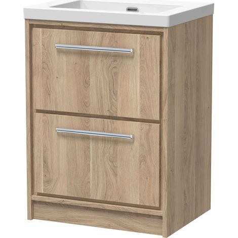 Longnor 2 Drawer Floor Standing Vanity Unit with 1 Tap Hole Modern Fireclay Basin, Light Oak, 600mm