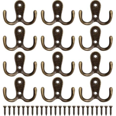 12 Pièces Patère Patere Porte Manteau Mural, Rétro Patère, Crochets Doubles Porte Manteau Mural Rétro en Métal avec 24 Vis pour Porte-Manteau Salle de Bain Cuisine (Bronze) (1/4)