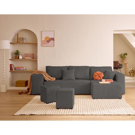 Topaze - 4-sitzer ecksofa beidseitig montierbar - schlaffunktion und bettkasten, tablet und poufs - aus cordstoff - grau
