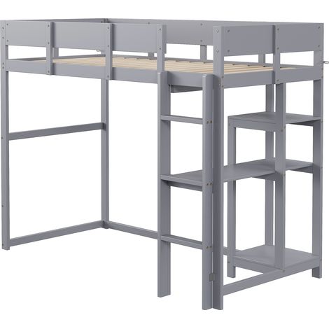 Lit superposé mezzanine 90x200, structure pin massif avec sommier à lattes, couchage ado et enfant, gris, avec espace de stockage intégré (1/5)