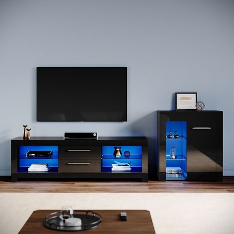 ELEGANT Living Room Set Modern High Gloss Fronts with LED Light, 1600mm TV Stand, Display Cabinet with Glass Shelf Sideboard Cupboard, Black (1/5)