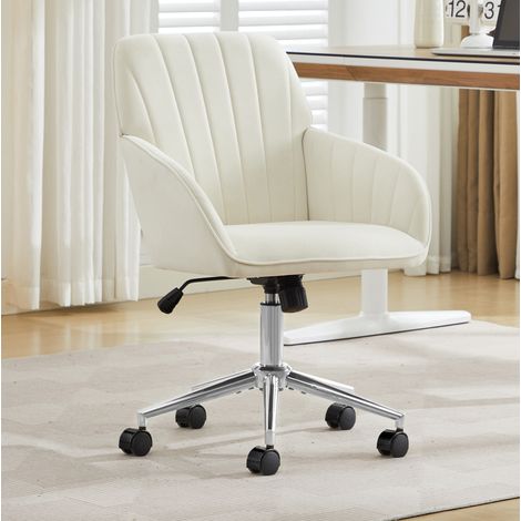 Chaise de bureau pivotante en velours blanc, hauteur d'assise réglable 50-59 cm, rembourrage 11 cm, rotation 360° (1/5)