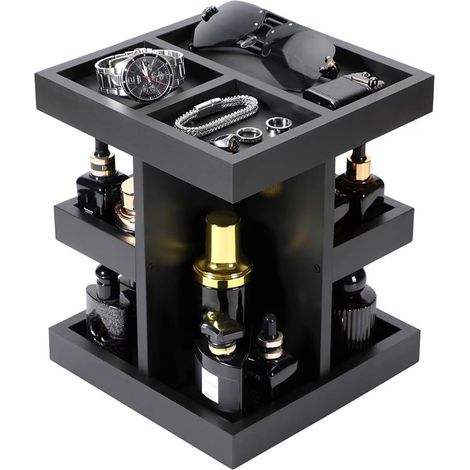 Briznsn Boîte de rangement, présentoir à parfums et bijoux, trois étages, avec fonction rotative, rangement de bureau, en bois (1/5)
