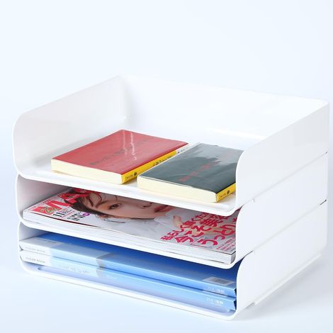 Corbeille à courrier empilable Stable-Bac à courrier - Organisateur de Bureau - Porte-Documents A4(Blanc-3 Couches) (1/5)