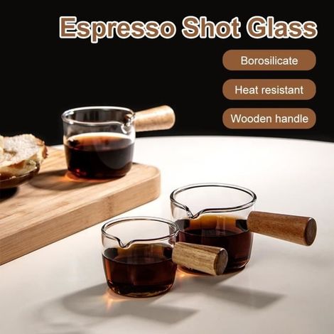 Set aus 2 Messbechern aus Borosilikatglas mit Ausgießer, 50 ml und 80 ml, mit Holzgriffen, für Tee, Kaffee, Milch und Alkohol