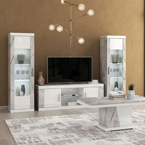 Ensemble salon blanc et aspect marbre gris-brun - NERVY (1/5)