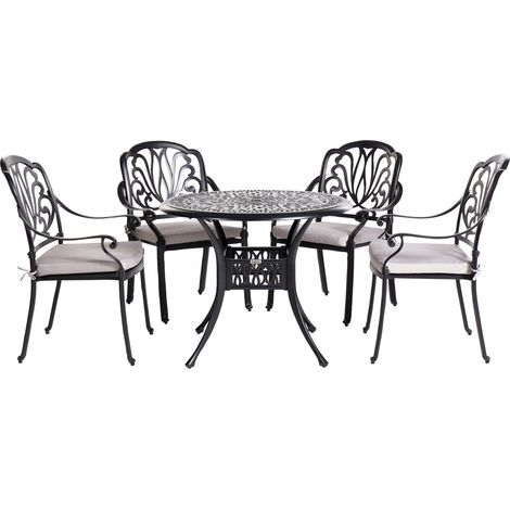 Conjunto de comedor para jardín mesa exterior de aluminio negro 4 sillas con cojines de asiento de poliéster Ancona
