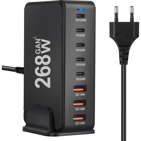 Chargeur USB C Rapide 268W, Chargeur Secteur avec 5 USB C+3 USB-A, Chargeur Rapide Station de Charge Adaptateur Compatible avec MacBook Pro/Air, i-Pad, i-Phone, Galaxy, Huawei (1/5)
