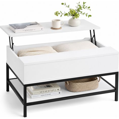 Relaxdays Couchtisch aufklappbar, mit Ablage, Wohnzimmertisch mit Stauraum, Holzoptik, HBT: 45,5x90x60 cm, weiß/schwarz (1/5)
