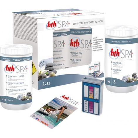 HTH – Coffret de traitement au brome pour spa gonflable – 1 kg pastilles 20 g – 1,2 kg choc sans chlore – Guide de traitement d'eau