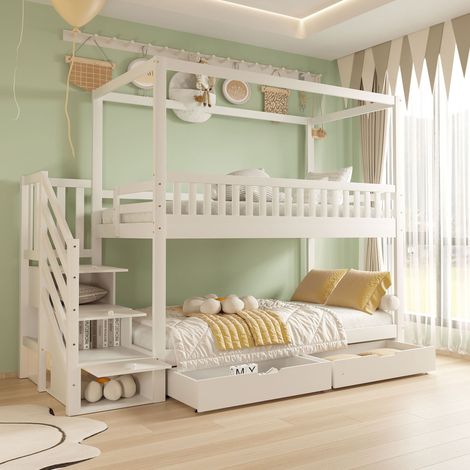 Cama litera infantil estilo casita 90x200 cm de madera, blanca, con escalera de seguridad, cajones y somier de láminas (1/5)