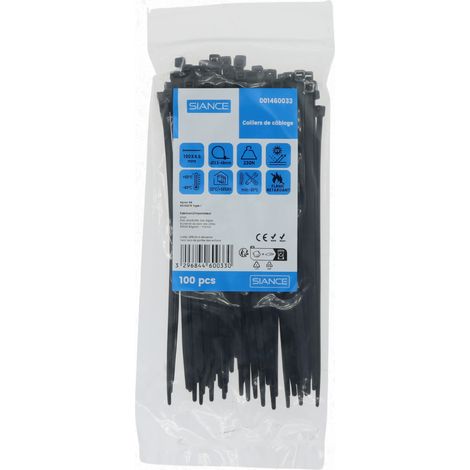 100 COLLIERS DE FIXATION NOIRS 4.6 X 400 MM CONVIENT Pr DES DIAMETRES DE 3.5 A 46MM, RESISTANCE 230N