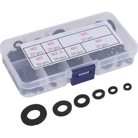 Kit de 250 rondelles plates en nylon noir (M2, M2.5, M3, M4, M5, M6, M8)