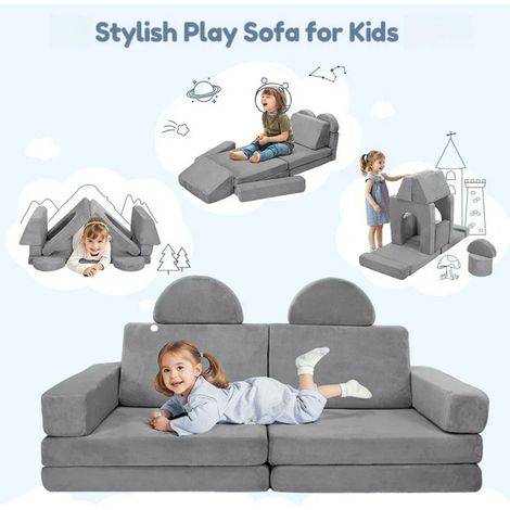 Canapé Enfants 14 Pièces avec Combinaisons Multiples, Fauteuil Enfant Convertible en flanelle, avec Housse Amovible & Lavable pour Garçon et Fille de 12 Mois+(gris) (1/5)