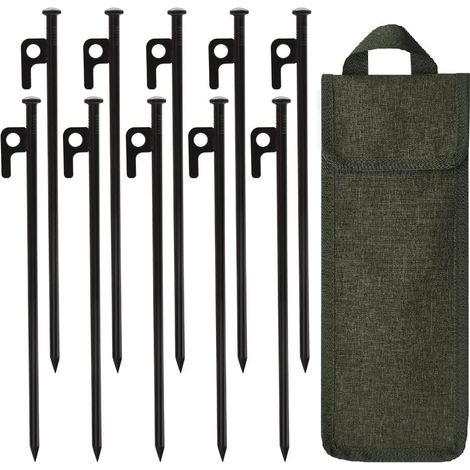 Lot de 10 piquets de tente de camping en acier forgé robuste de 30,5 cm avec pochette de transport durable (kaki) (1/5)