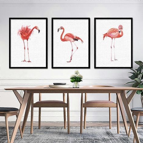 Pinkfarbenes Flamingo-Wandposter auf Leinwand, schlichter und trendiger Aquarellstil, ideal für Wohnzimmer, Schlafzimmer, Büro und Kinderzimmer (3er-Set). (1/5)