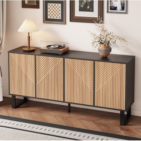 FLORAGRACE Buffet TV 160 x 38 x 75 cm en MDF blanc moderne et minimaliste, 4 portes à relief 3D, grand espace de rangement (1/5)