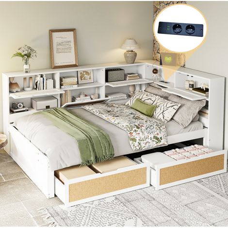 Bett 140x200 mit Stauraum und USB Ladeanschluss Weiß OKMYHOME (1/5)