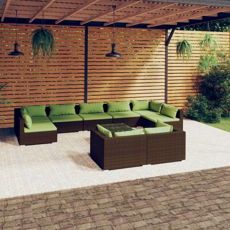 vidaXL Set muebles de jardín 10 pzas y cojines ratán sintético marrón (1/5)