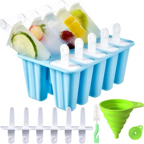 Moule à glace en silicone bleu à 10 compartiments, bâtonnets de glace réutilisables et brosse de nettoyage (1/4)