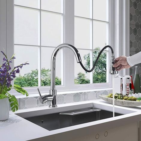 Rubinetto da cucina, soffione doccia girevole a 360°, 3 tipi di getto, miscelatore monocomando, lavello cromato.