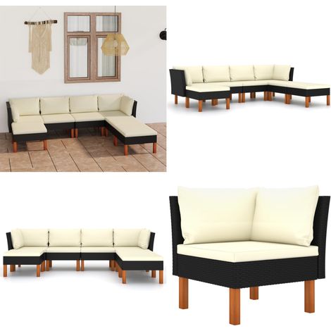 Set de muebles de jardín 7 pzas y cojines ratán sintético negro - Sofás de exterior - Cojines sintéticos