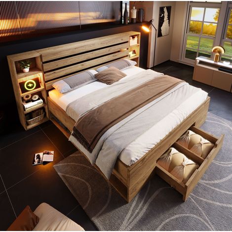 Lit double moderne 160x200 cm bois et métal chêne avec tête de lit rangement, LED, USB-C, 2 tiroirs et sommier à lattes (1/5)