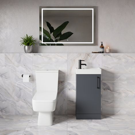 Napoli Cube Gloss Grey 400mm Single Door Vanity Unit and Toilet Suite with Align Basin - 400mm - Matt Black 160mm Handle