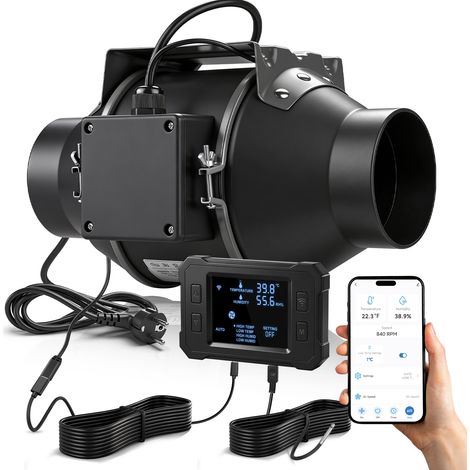 100 mm Ventilateur d’extraction 360 m³/h WiFi APP, EC-Moteur 35 W 3000 RPM, avec Variateur de Fréquence, 35-53 dB Extracteur Aérateur de Gaine, Extracteur d’air pour Garage Tentes de Culture