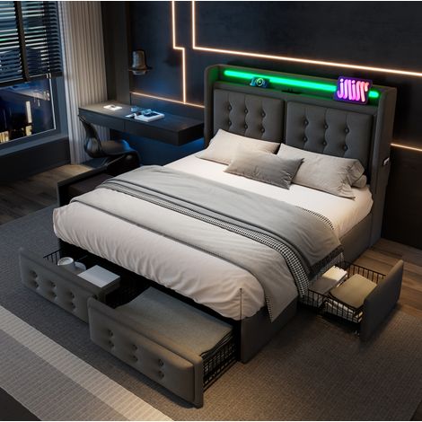 Cama 180x200 cm gris tapizada en algodón y lino con 4 cajones y LED (1/5)