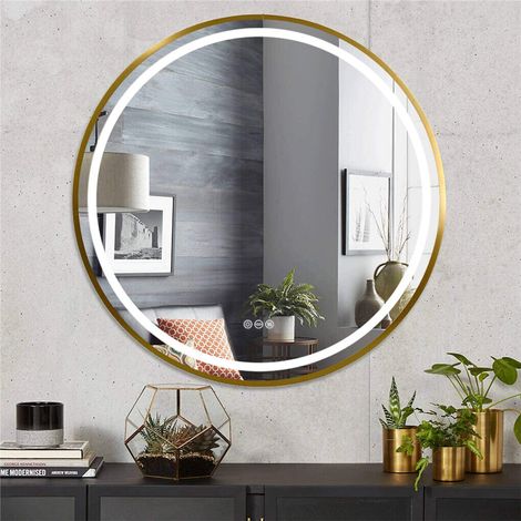 LUVODI Espejo Baño Luz Led Redondo de Pared Antivaho Decorativo para Lavavo Tocador, 60x60cm Dorado (1/5)