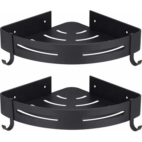 Etagére Douche d'angle Noir sans Perage Rangement Salle de Bain Douche Accessoire Salle de Bain Support Porte Savon Douche Aucun Antirouille en Aluminium Lot de 2 avec Crochets (1/4)