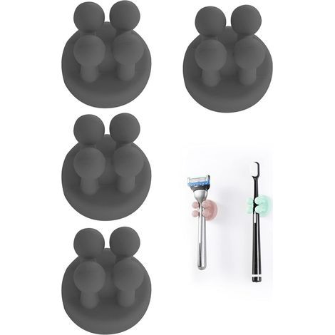 Lot de 4 (Noir) Supports de Brosse à Dents en Silicone Multifonction pour Rasoir et Brosse à Dents,Étanche,Auto adhésif,pour Suspendre la Salle de Bain (1/5)