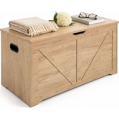 Relaxdays storage bench with lid, HxWxD: 46 x 100 x 40 cm, 2 soft-close safety hinges, MDF, light grey (1/5)