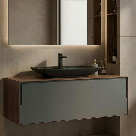 Meuble vasque suspendu gris 120 cm décor noyer et anthracite 2 tiroirs RIA (1/5)