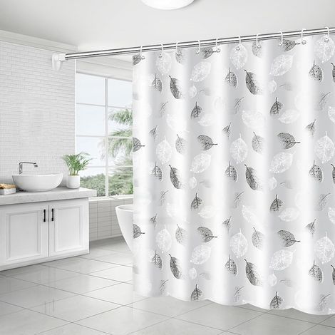 Rideau de douche en tissu PEVA avec œillets et crochets, lavable, résistant à la moisissure (feuilles, 180 x 200 cm) (1/5)