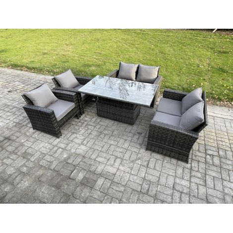Fimous Rattan Garden Furniture Sets 6 Seater Patio Outdoor Rising Lifting Table Sofa Set with Double Seat Sofa Dark Grey Mixed (1/5)