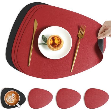 4 teiliges Set aus Platzsets und Untersetzern, doppelseitig, rutschfest und wasserdicht, abwaschbar, aus Leder, dunkelbraun und cremeweiß (4 Plat (1/5)