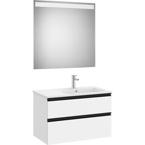 Pack meuble "The Gap" 800 - 2 tiroirs + lavabo slim droite + miroir LED - blanc mat/poignées noires - Roca (1/2)