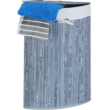 Relaxdays 2x Corner Laundry Baskets Bamboo, Foldable Bin 60 L, Space-saving, Cotton Bag, HxWxD: 65 x 49.5 x 37 cm, Grey