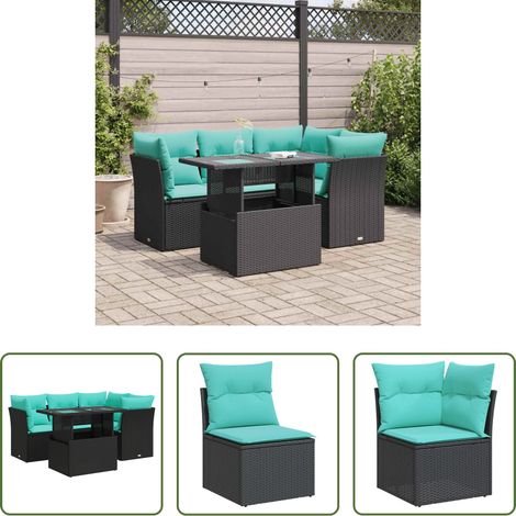 Gartentisch - 5tlg. Garten-Sofagarnitur mit Kissen Schwarz Poly Rattan Akazie (1/5)