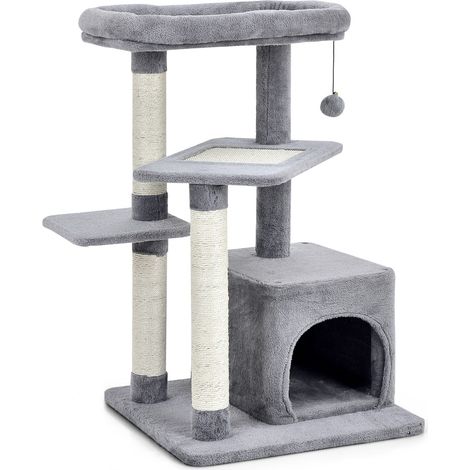 Albero per gatti 4 piani tiragraffi pallina peluche torre piattaforma per saltare Grigio (1/4)