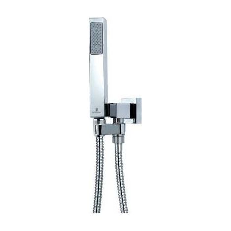 SET « CUBE » EN LAITON DOUCHE + SUPPORT ENCASTRABLE PIVOTANT + TUYAU FLEXIBLE Dimensions : Chrome